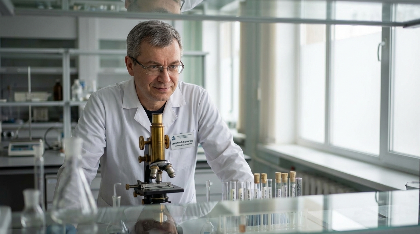 Дмитрий Воронов — портрет автора в профессиональной среде с акцентом на лабораторное оборудование