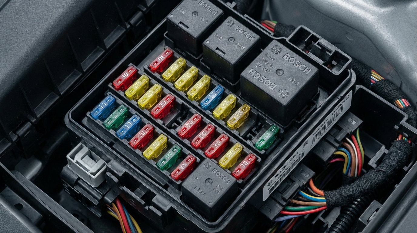 Схема блока предохранителей в автомобиле с выделенными компонентами