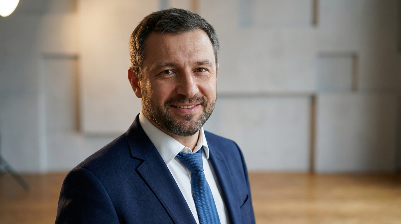 Сергей Воронин — портрет автора статьи, фото в студии с фоном минималистичного интерьера, средний возраст, деловой стиль