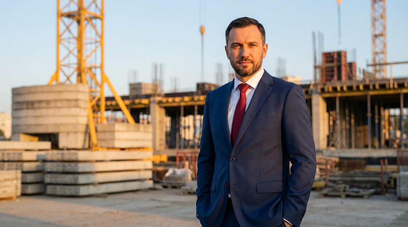 Дмитрий Козлов — профессиональный портрет инженера в деловом костюме на фоне строительной площадки