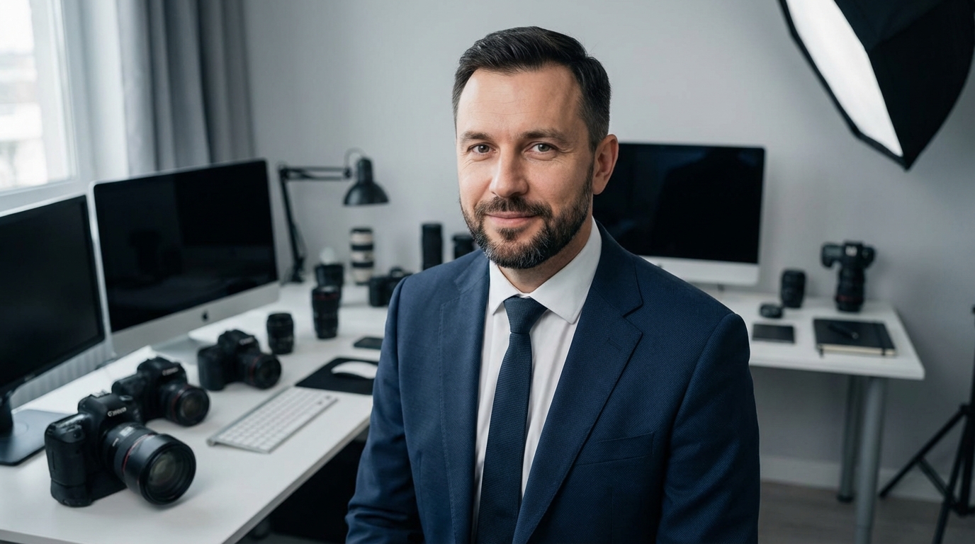 Дмитрий Соколов — профессиональное фото эксперта в возрасте около 40 лет, в деловом костюме на фоне современных технологий