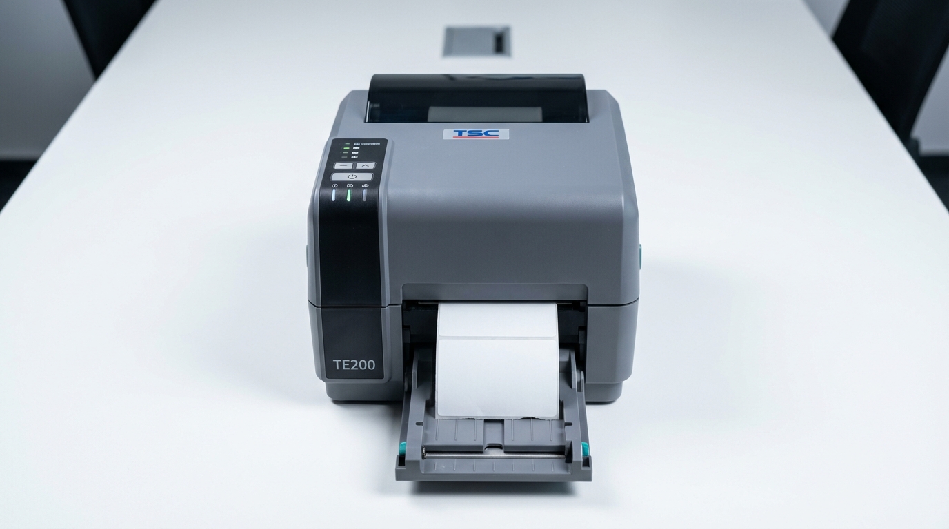 Фронтальный вид принтера TSC TE200 203 DPI в рабочем состоянии