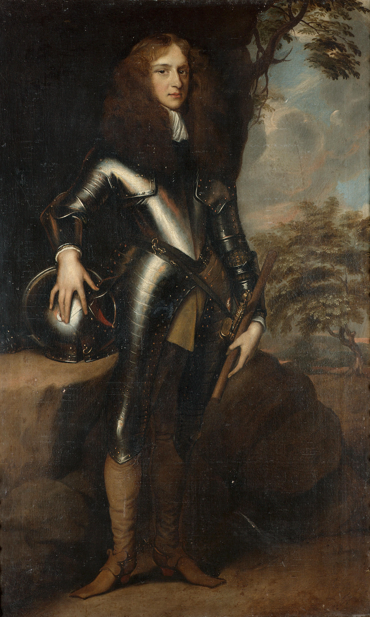 34 Adriaen Hanneman Portrait of a gentleman, full-length, in armour, his right hand resting on a helmet, his left holding a baton.jpg
