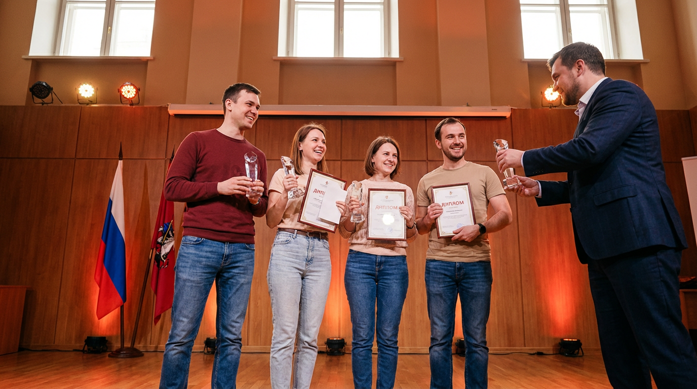Участники квиза получают призы в московском культурном центре