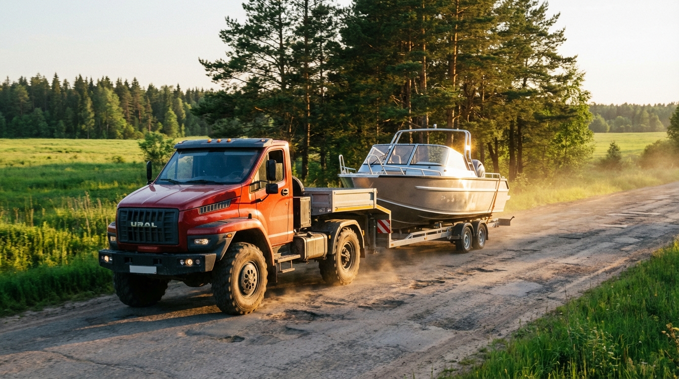Транспортировка алюминиевого катера на прицепе по российской дороге