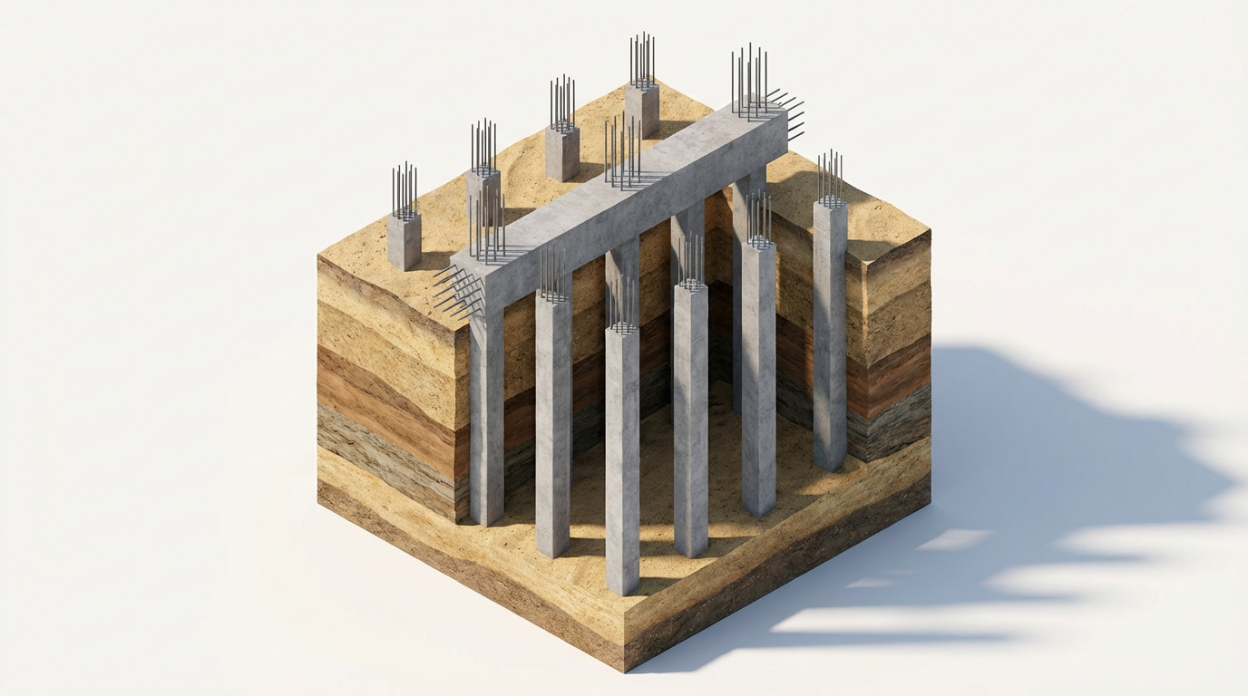 Схема свайного фундамента с ростверком и сваями