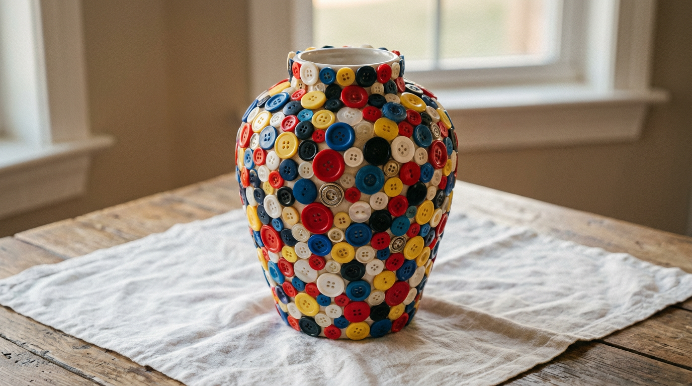 Декоративная ваза, обклеенная пуговицами