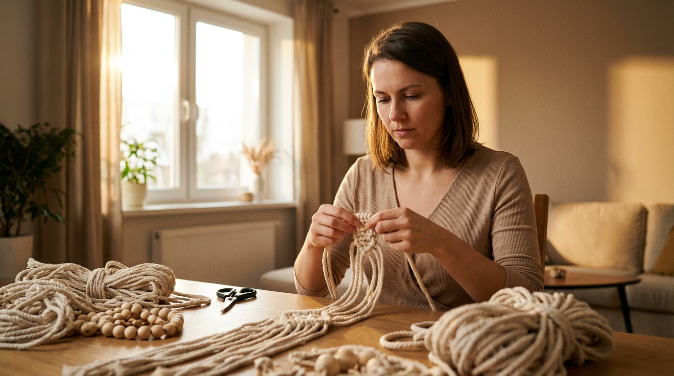 Женщина плетет макраме для домашнего декора