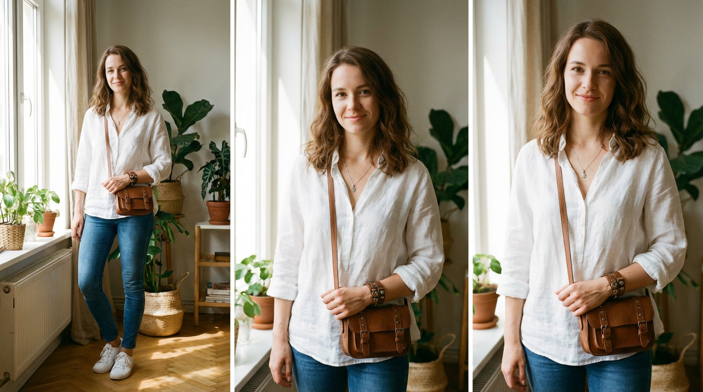 Женщина в повседневном образе с аксессуарами и фурнитурой