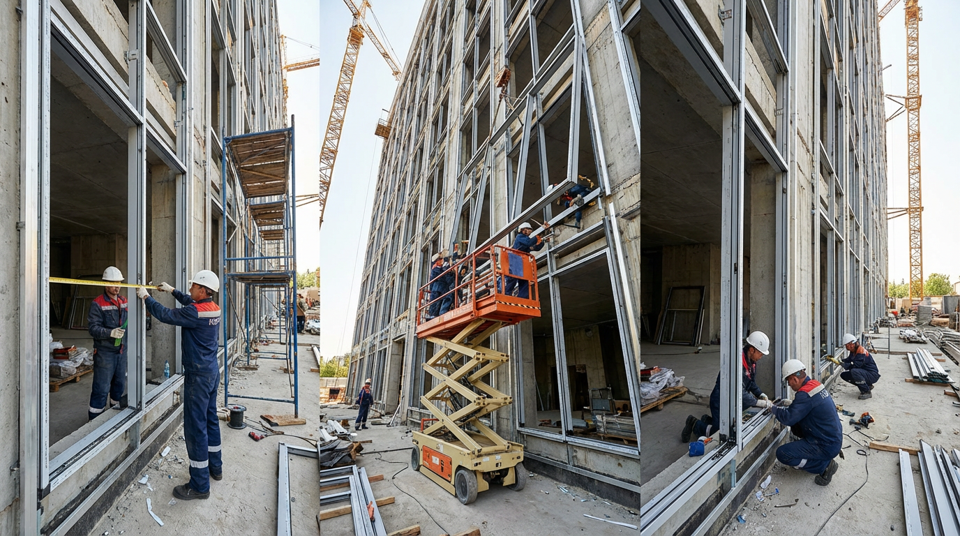 Этапы установки алюминиевых рам на объекте в Нижнекамске