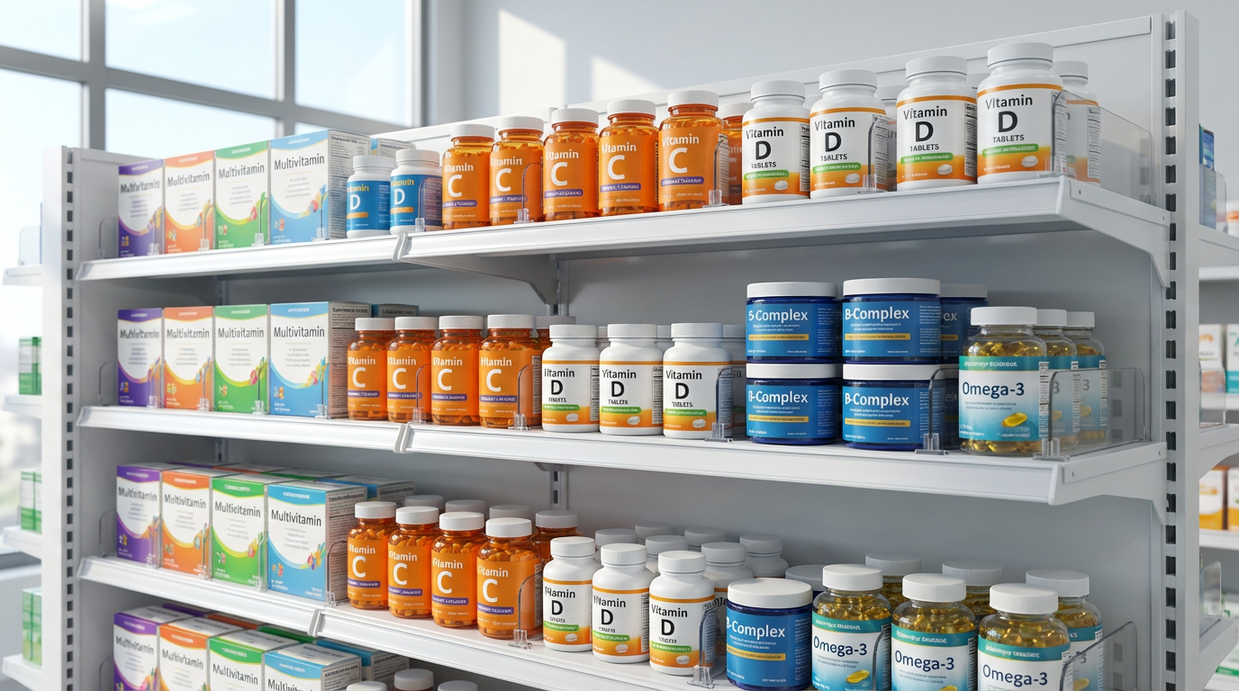 Ассортимент витаминов в аптеке