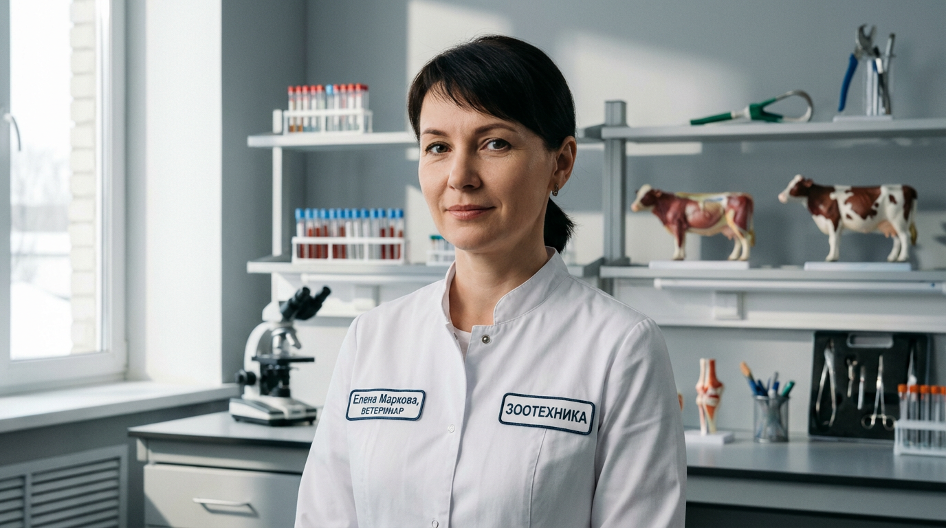 Елена Маркова — профессиональный портрет ветеринара в лабораторной обстановке с элементами зоотехники