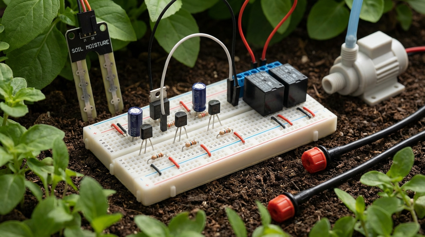 Схема автоматизированного полива на биполярных транзисторах для садового участка