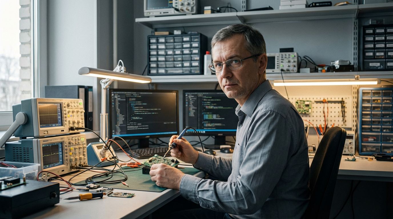 Виктор Смирнов — портрет автора в рабочей лаборатории с электронными схемами