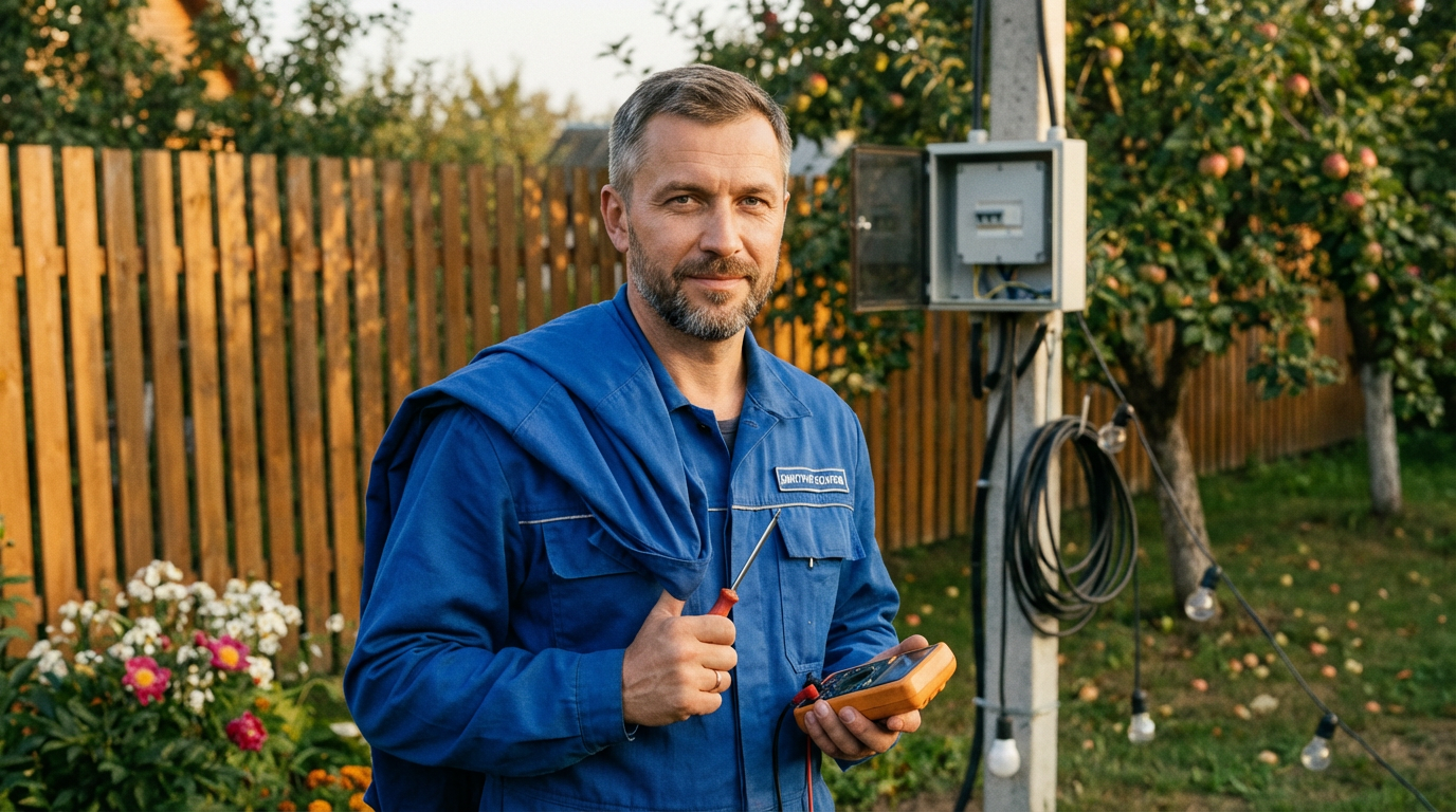 Дмитрий Козлов — портрет инженера-электрика в рабочей одежде на фоне дачного участка с электрооборудованием