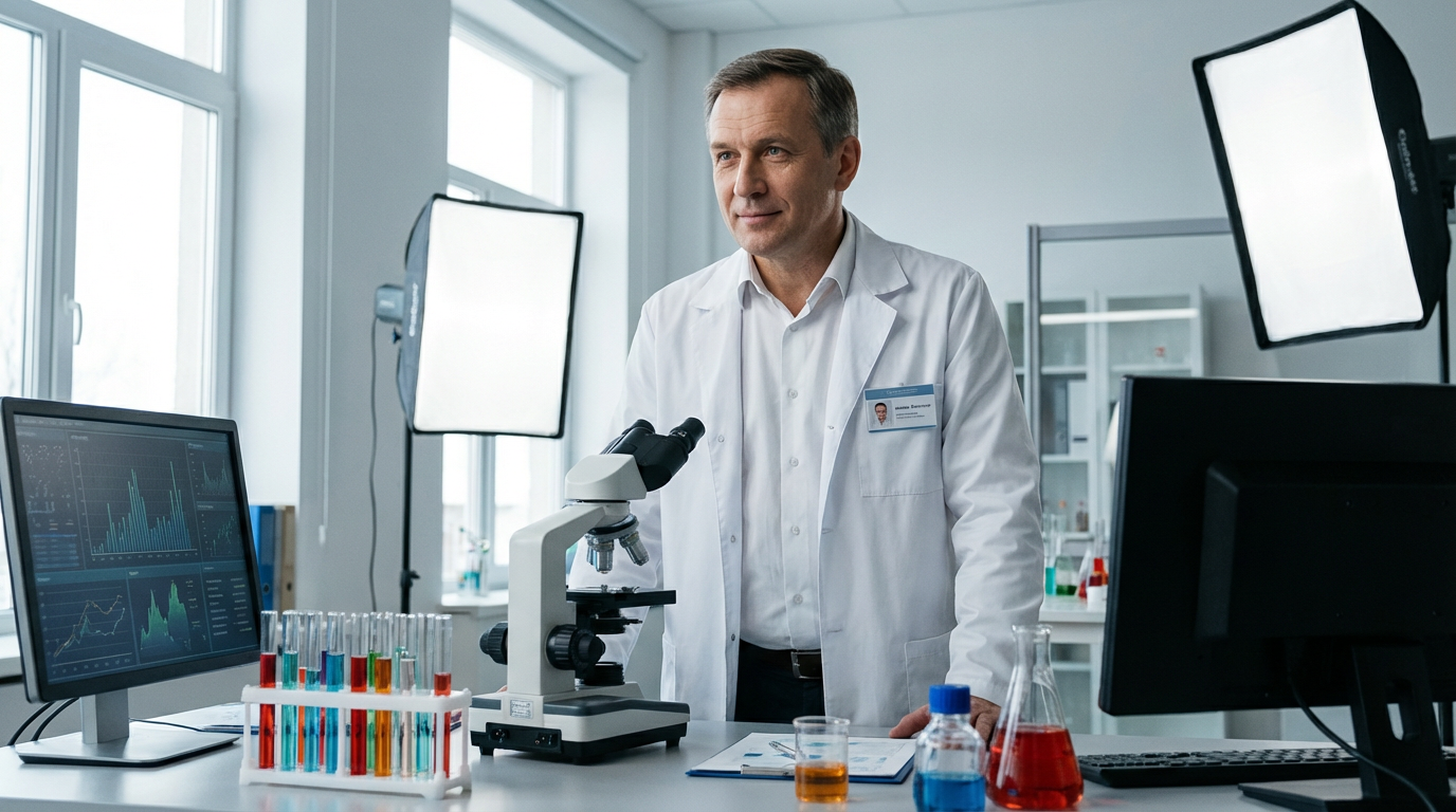 Алексей Смирнов — портрет автора статьи, фото в лабораторной обстановке с оборудованием