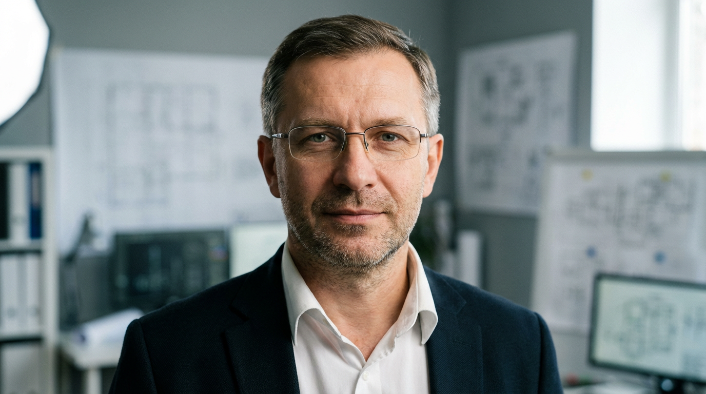 Сергей Воронин — портрет автора статьи в профессиональном стиле с фокусом на инженерном фоне