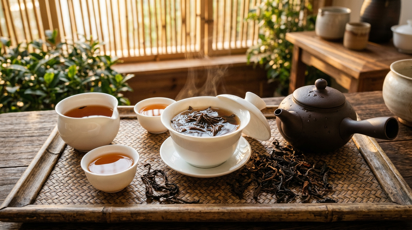 Набор для заваривания Да Хун Пао: гайвань, чайник и сухие листья