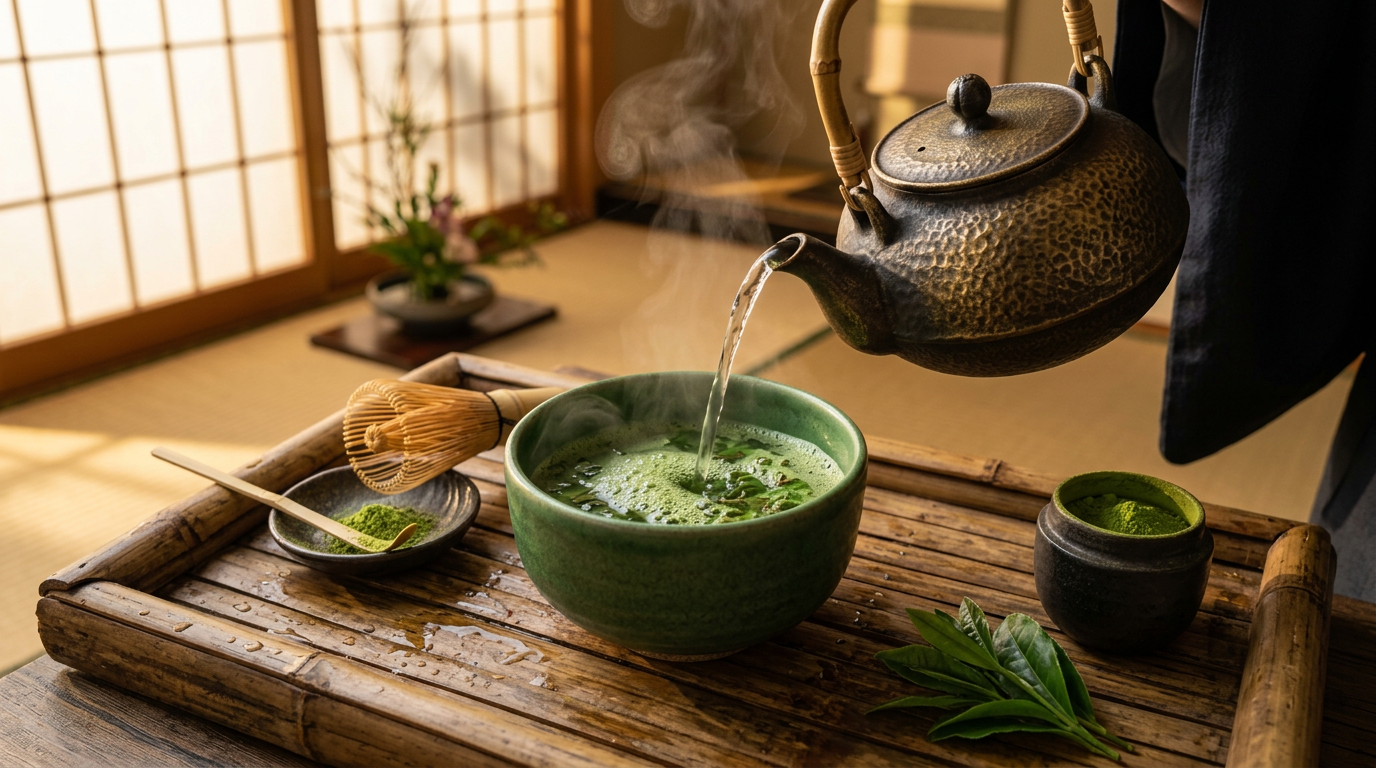 Процесс заваривания зеленого чая в традиционной посуде