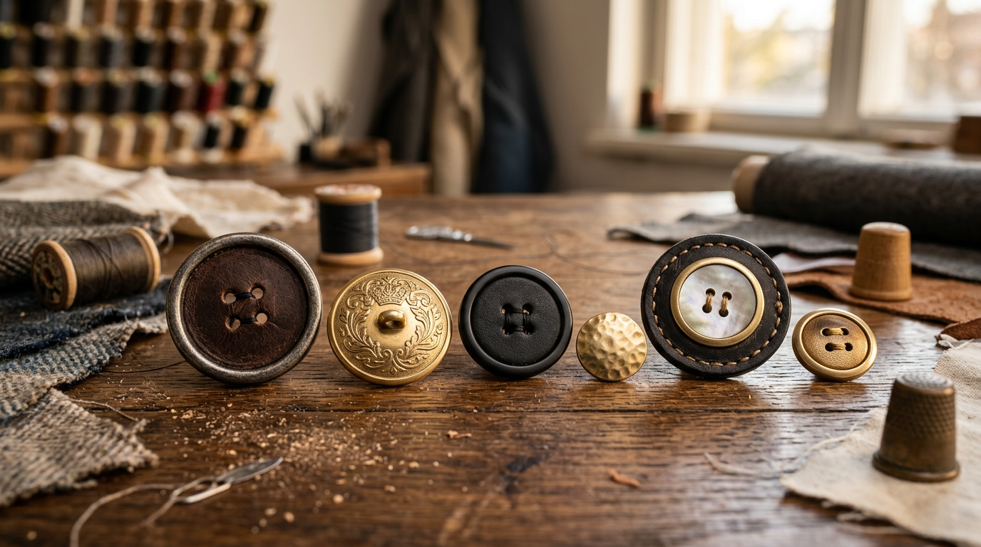 Фотореалистичное изображение премиум-пуговиц на деревянном столе в мастерской портного, средний план с видом сверху под углом 45 градусов, к