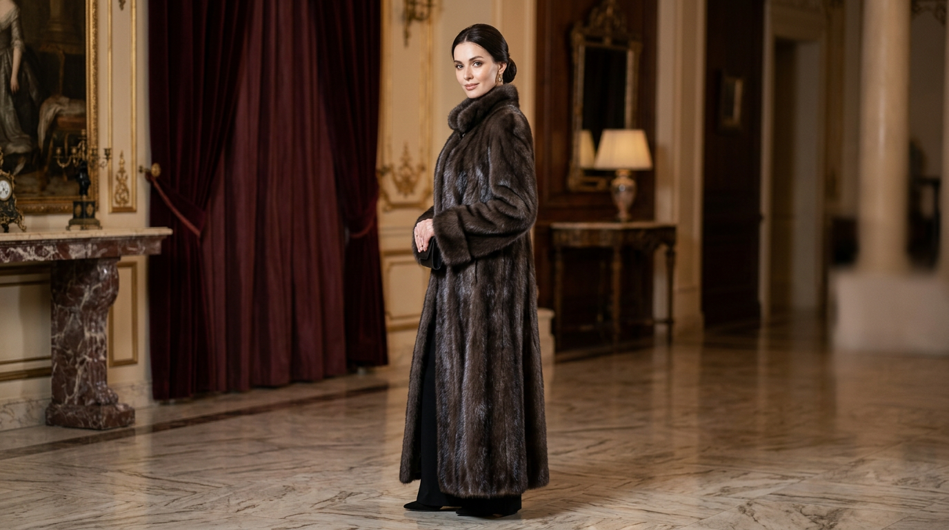 Шуба из цельного соболя в классическом крое на модели