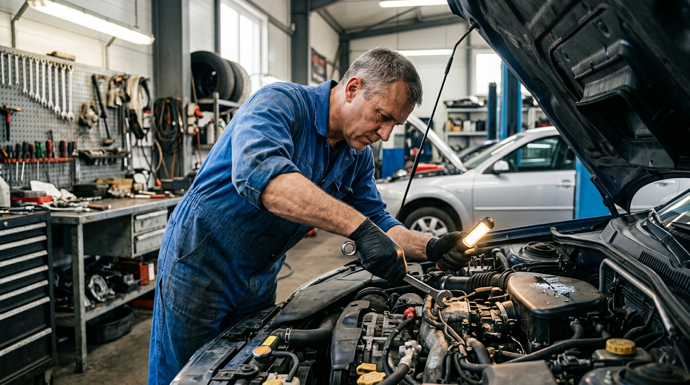Механик выполняет ремонт двигателя автомобиля в мастерской