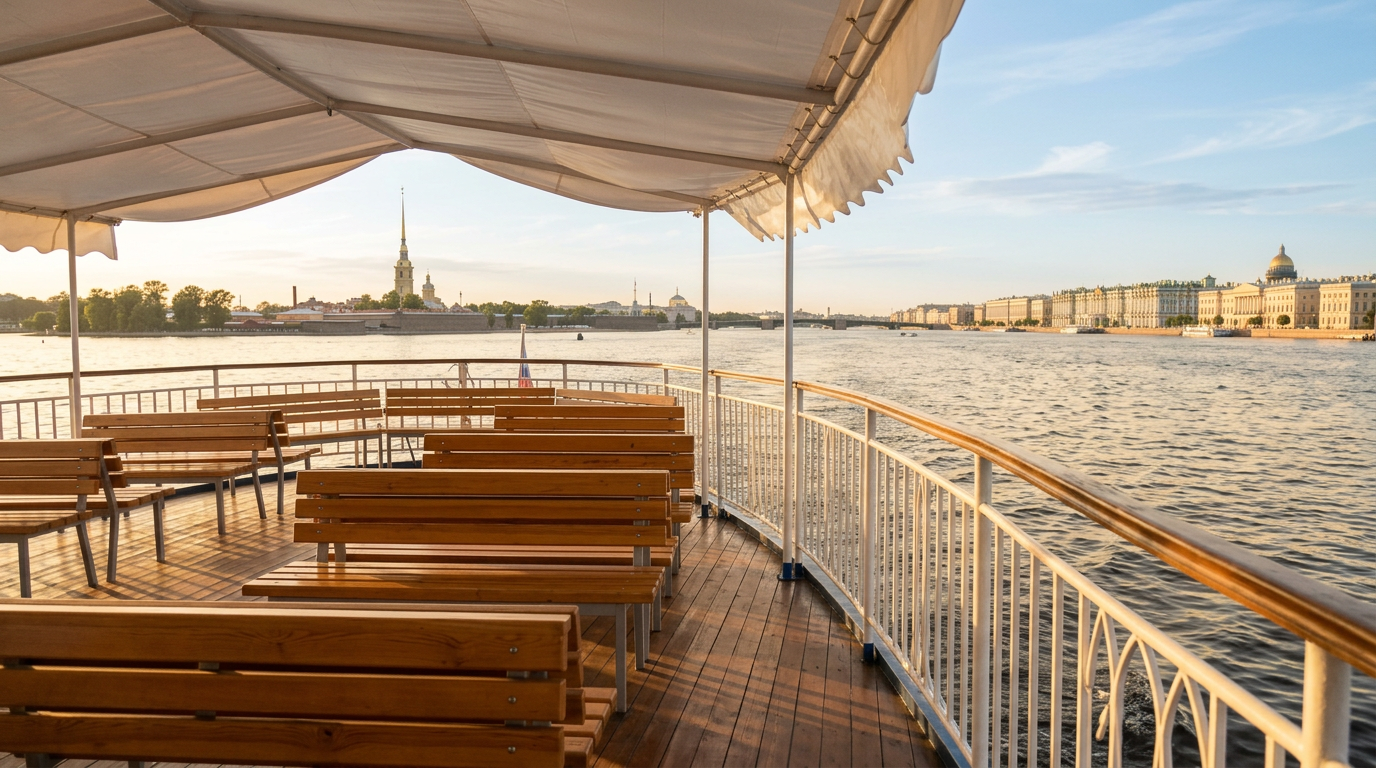 Открытая палуба теплохода летом с видом на Неву