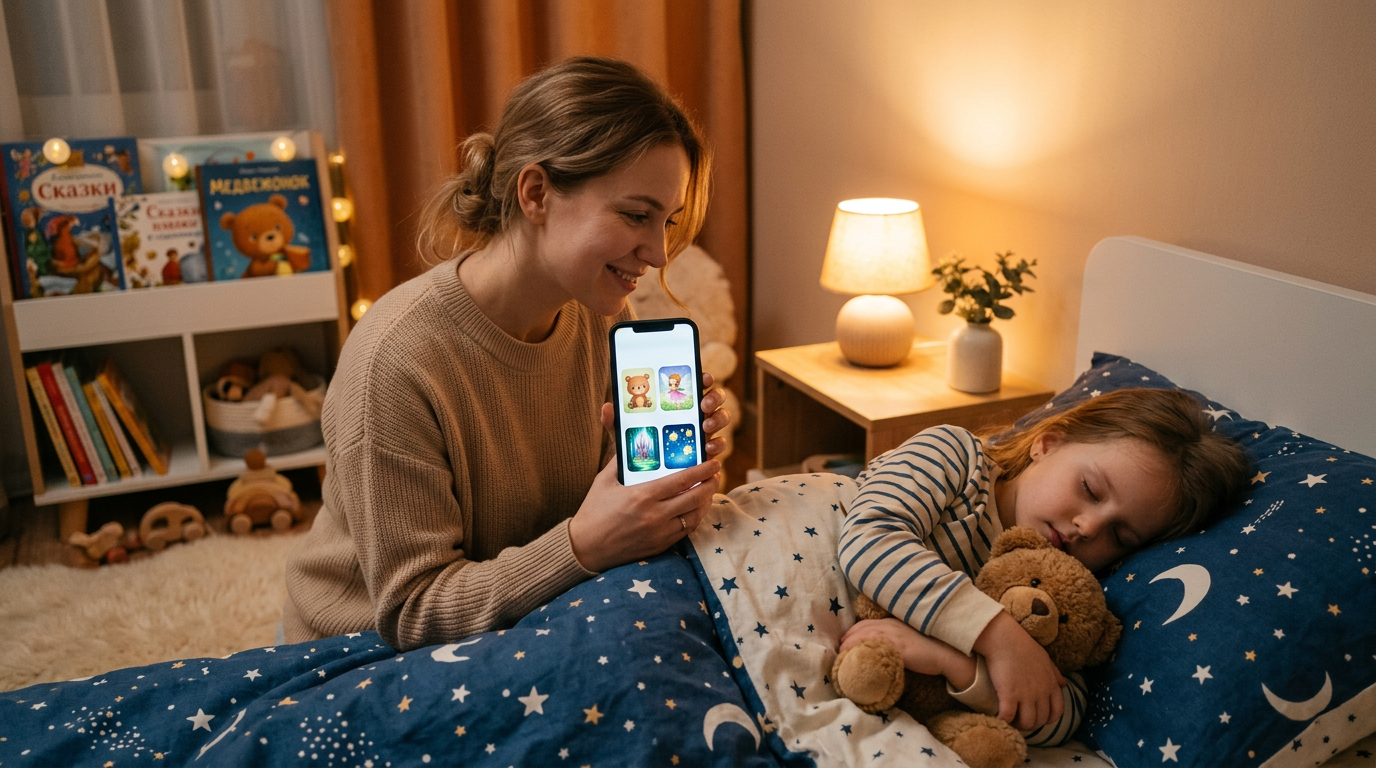 Родитель выбирает аудиосказку на смартфоне для ребенка перед сном
