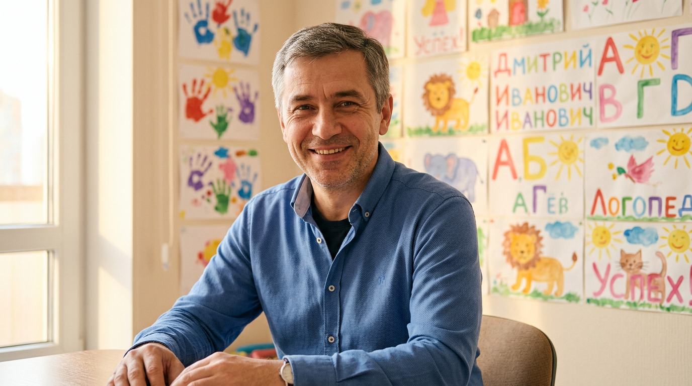 Дмитрий Ковалёв — портрет опытного логопеда с теплой улыбкой на фоне детских рисунков
