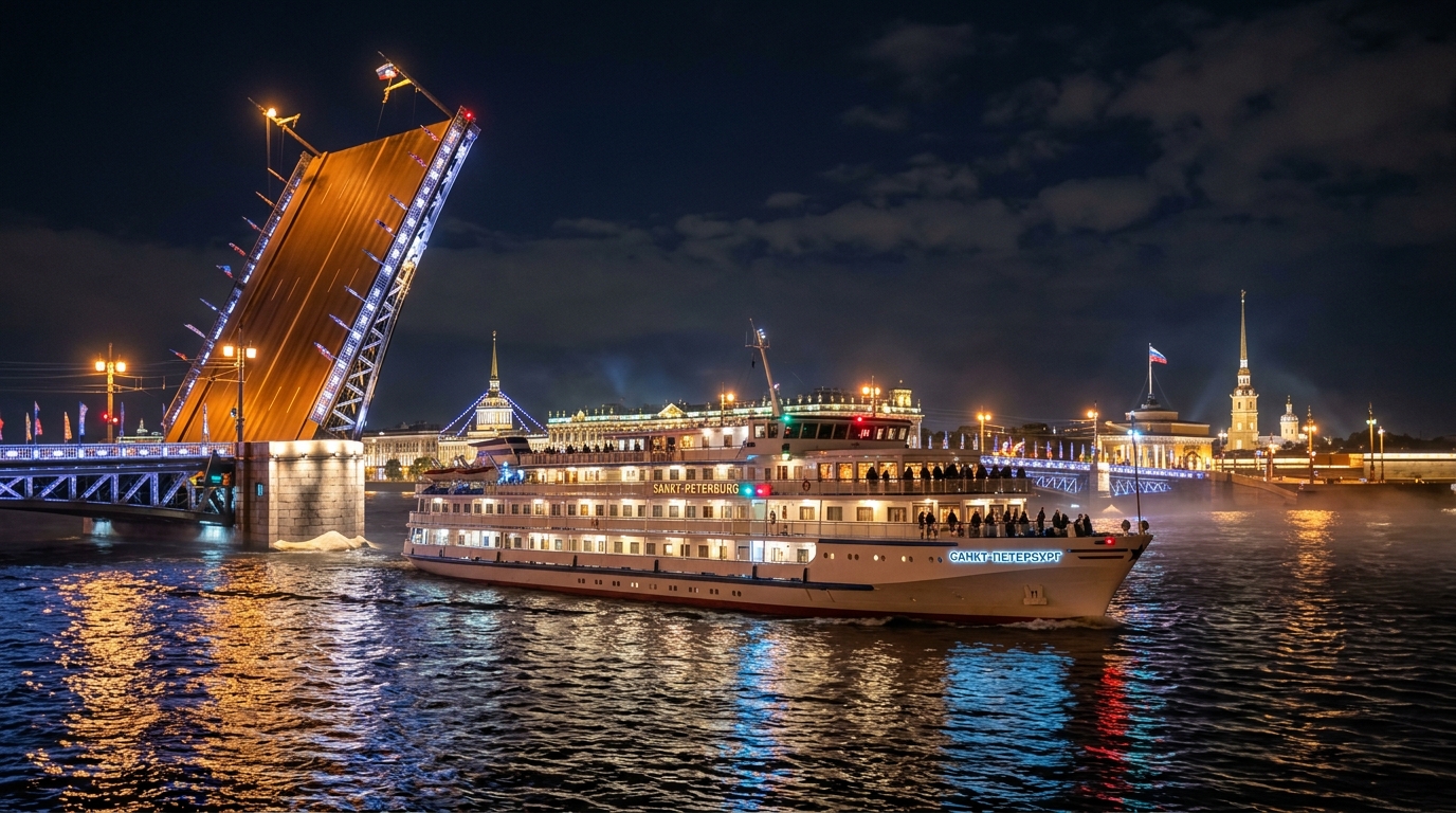 Теплоход на Неве у разводного моста в Петербурге