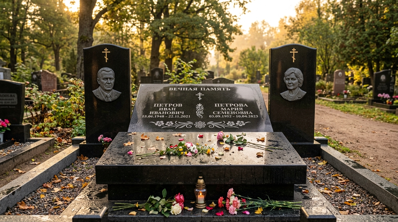 Двойной памятник на могилу супругов с гранитной столешницей