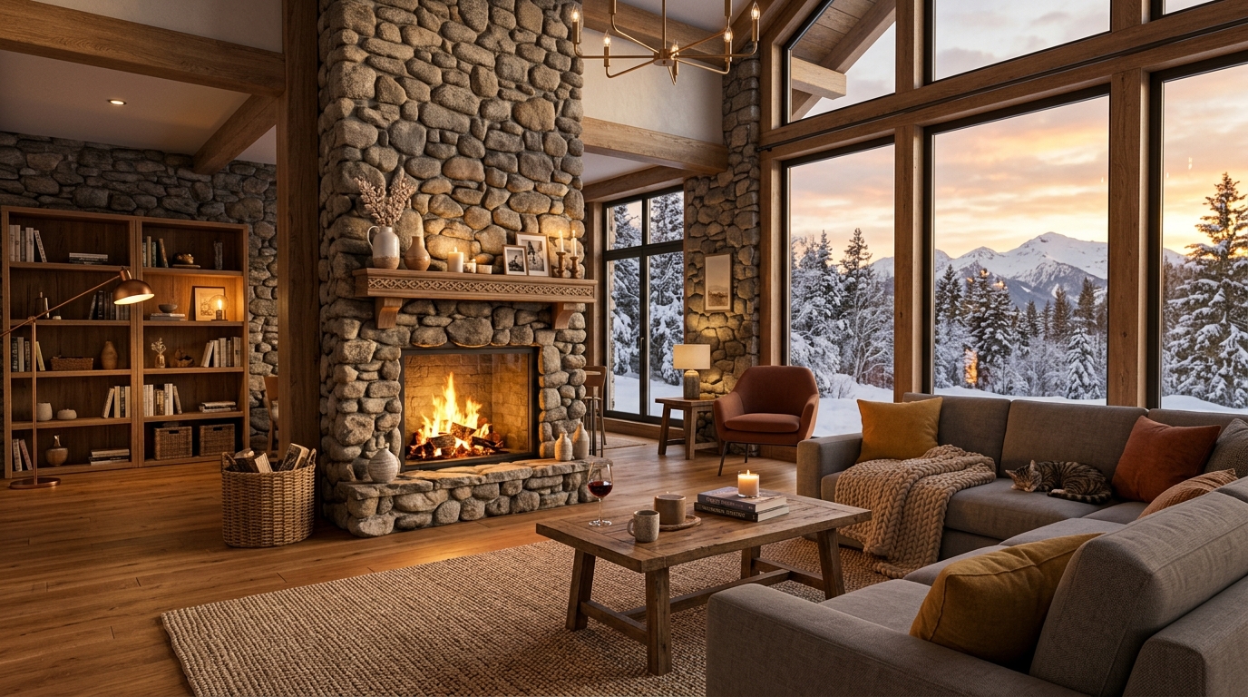 3D-визуализация гостиной в коттедже с камином и панорамными окнами