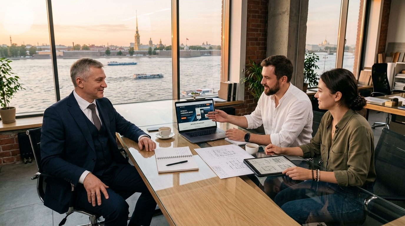 Встреча заказчика с дизайнерами студии в офисе в Санкт-Петербурге