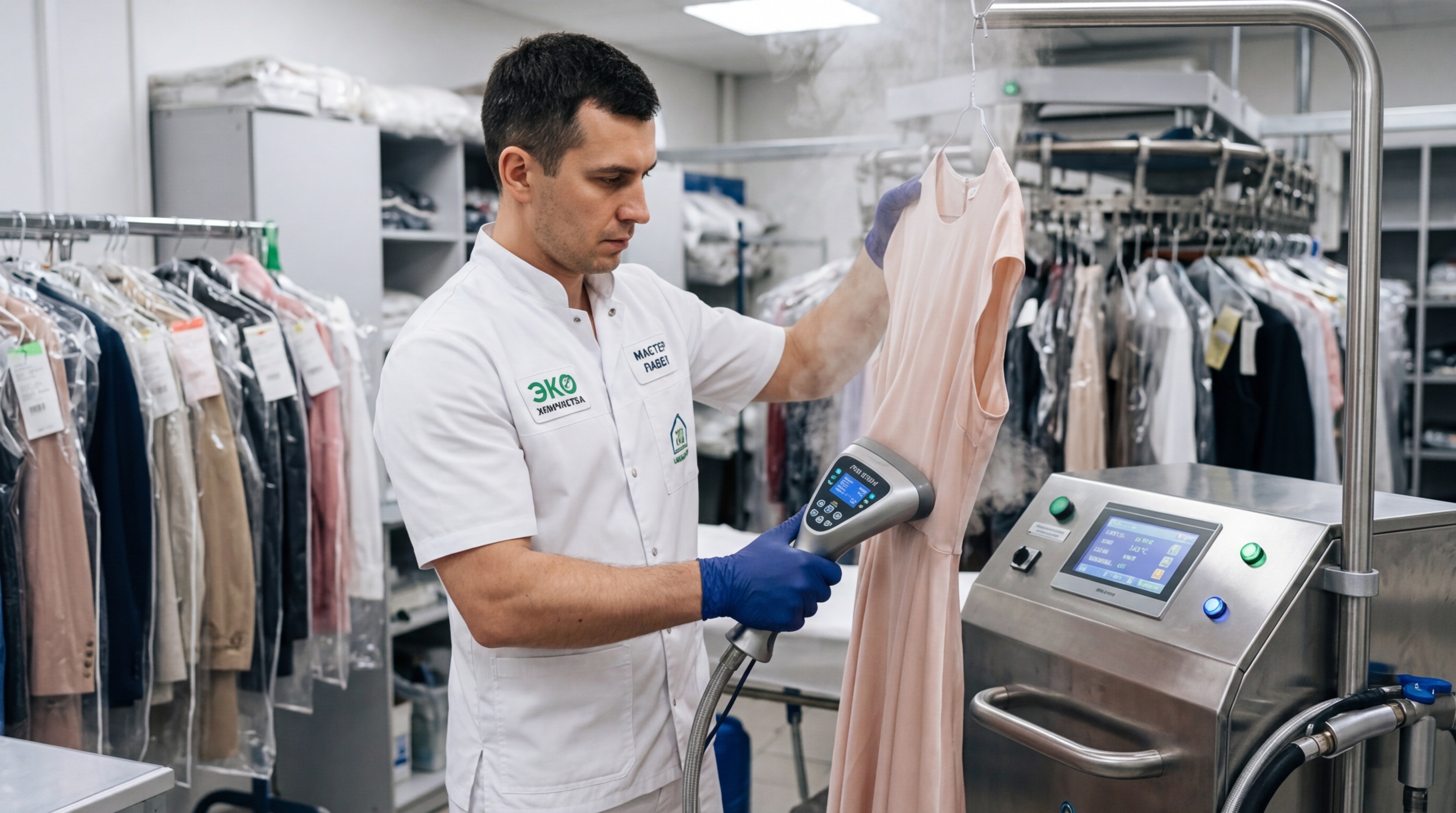 Сотрудник химчистки обрабатывает деликатную одежду в профессиональном оборудовании с контролем качества