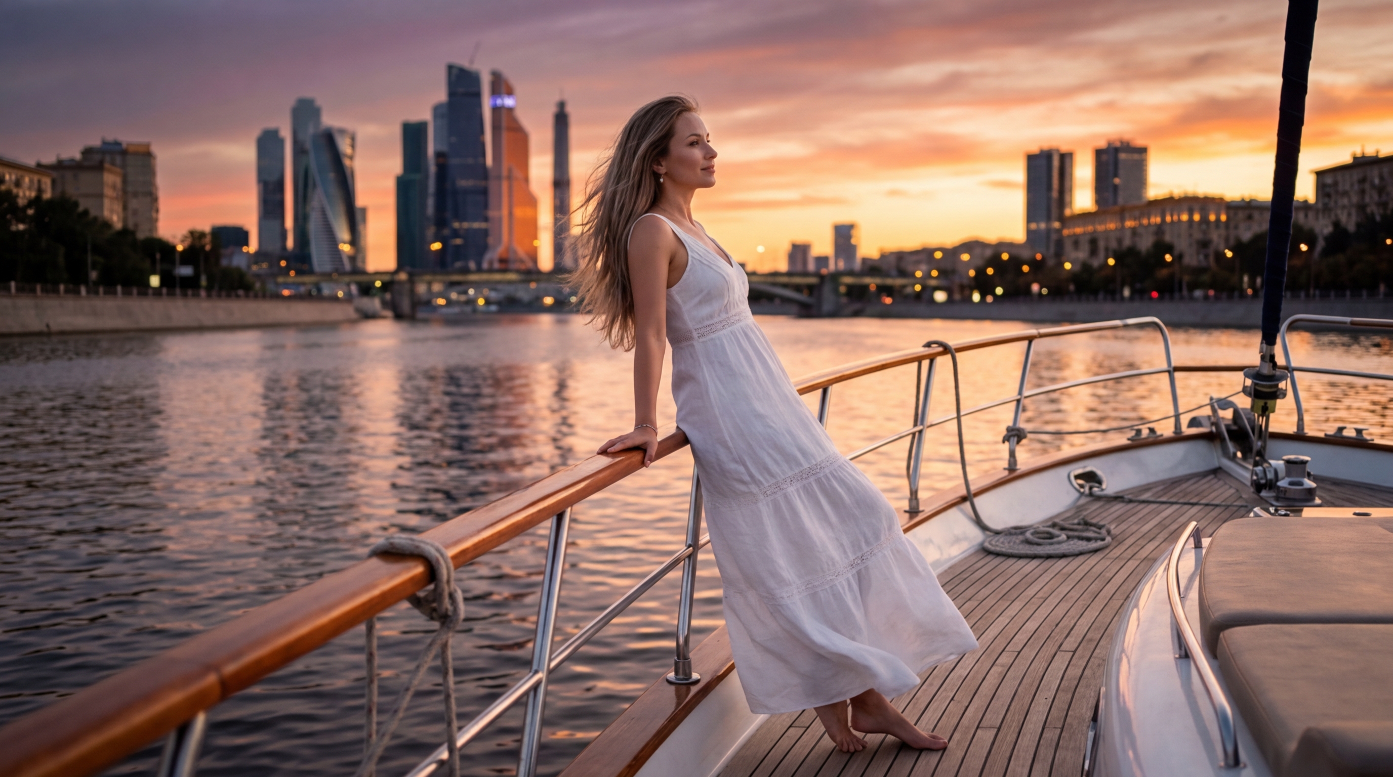 Женщина на палубе любуется закатом над Москвой-рекой, расслабляясь
