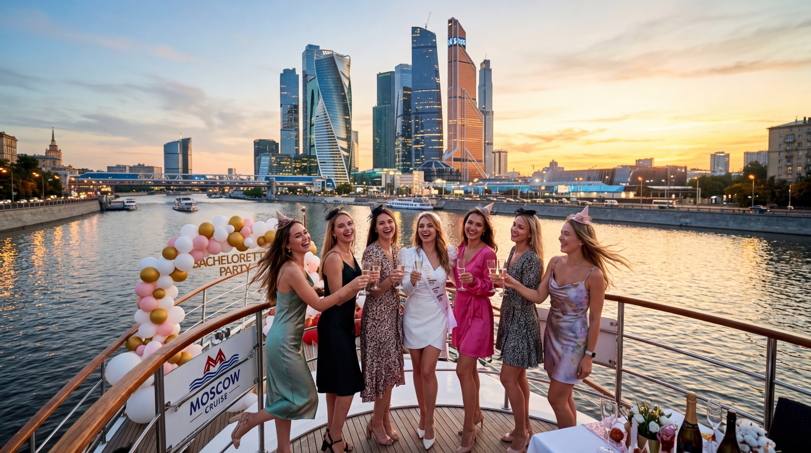 Панорамный вид на Москву-реку с теплохода во время девичника