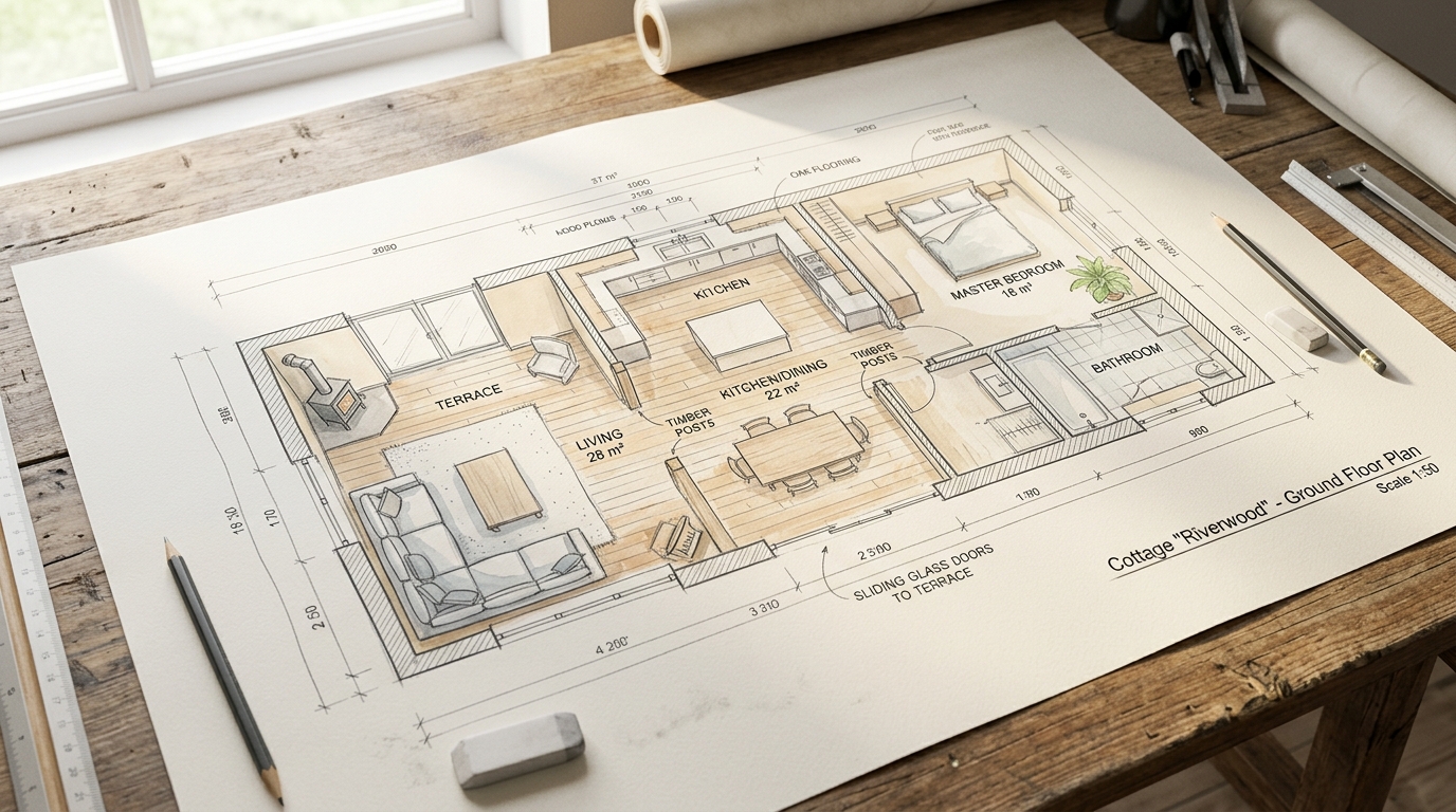 Концептуальный эскиз интерьера коттеджа с планировкой комнат и цветовой гаммой