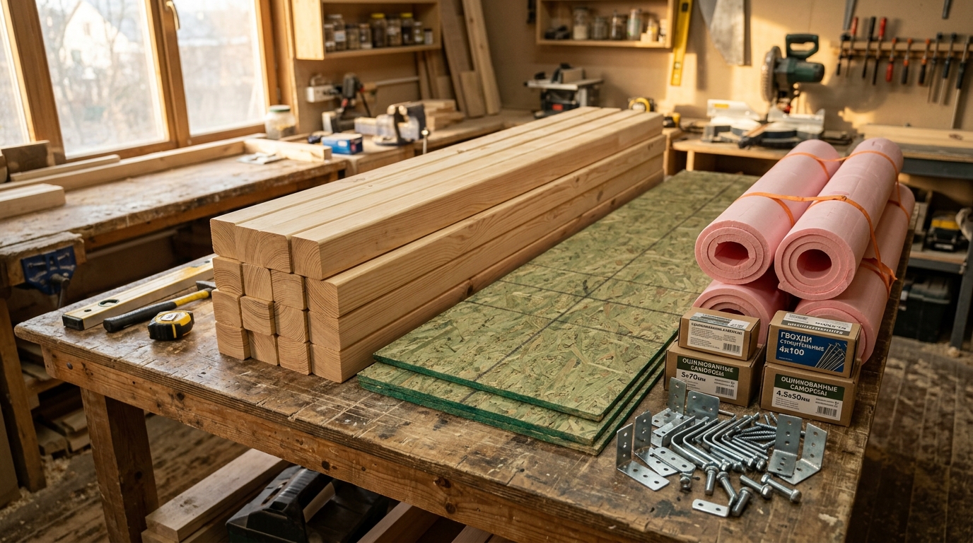 Набор материалов для строительства вагончика: брус, OSB, утеплитель и крепеж