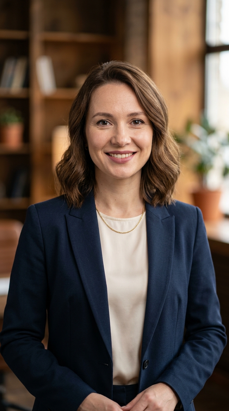 Реалистичный профессиональный портрет (лицо). Человек: Анна Ковалёва. Деловой стиль, студийный свет, уютная обстановка.