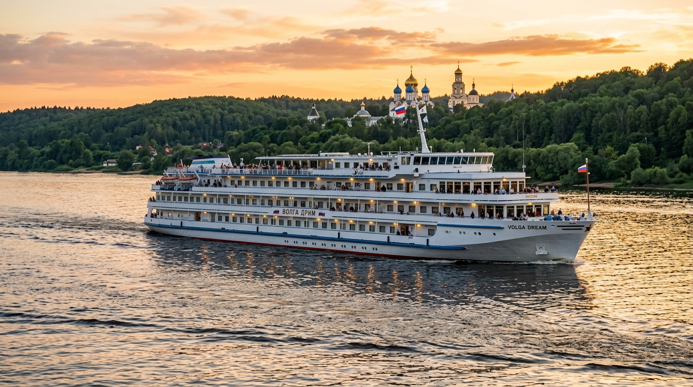 Речной круизный лайнер плывет по Волге с видом на золотые купола церквей и зеленые берега