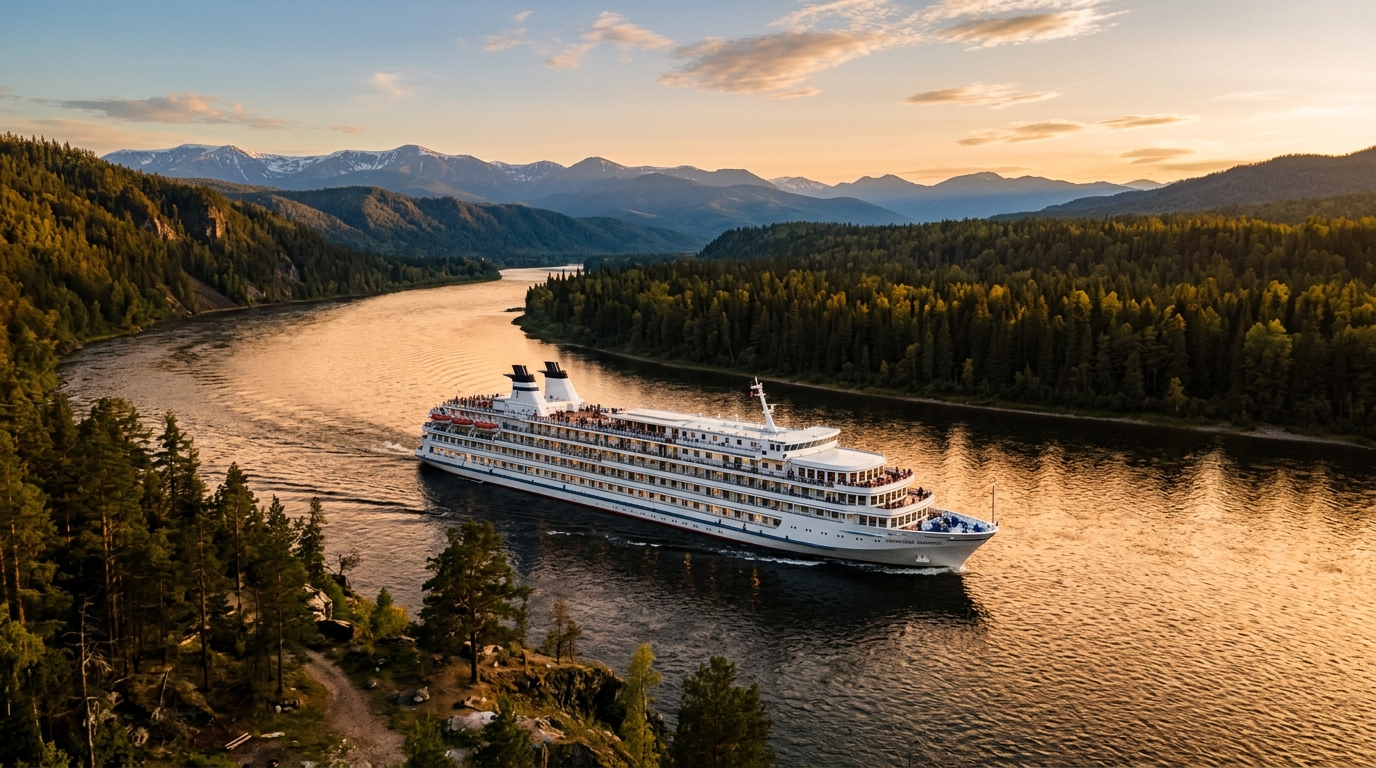 Круизный теплоход на Енисее среди сибирских пейзажей с лесами и горами