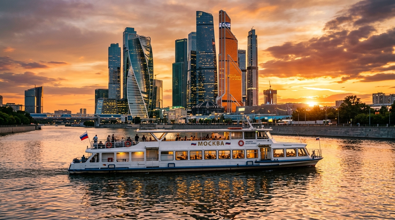 Теплоход проплывает мимо небоскребов Москва-Сити на фоне заката