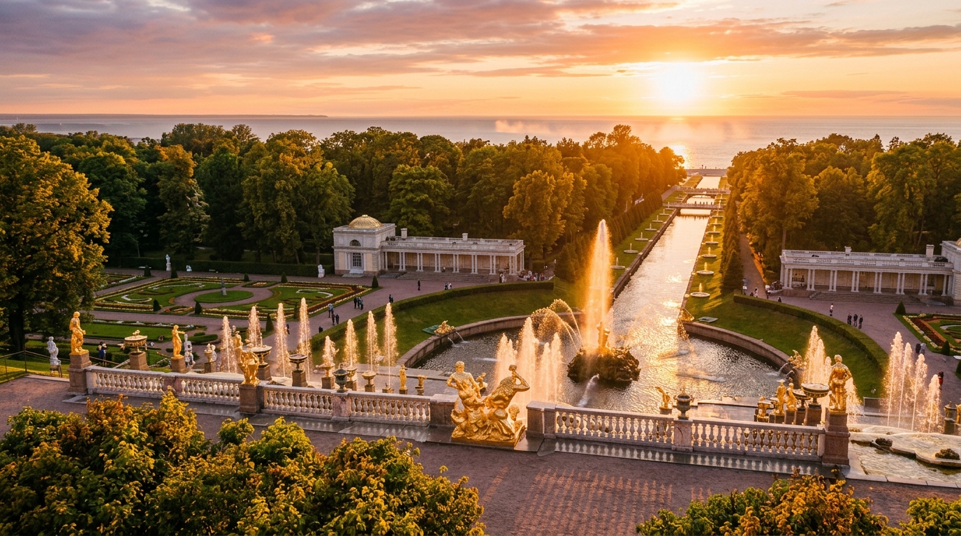 Нижний парк Петергофа с фонтанами, статуями и зелеными аллеями в золотистом свете заката