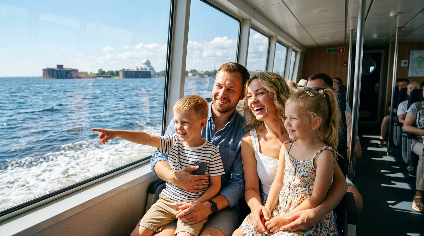 Семья с детьми на борту метеора по льготному билету направляется в Кронштадт