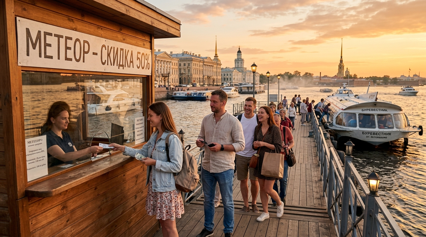 Пассажиры покупают билеты на метеор со скидкой у причала в Санкт-Петербурге