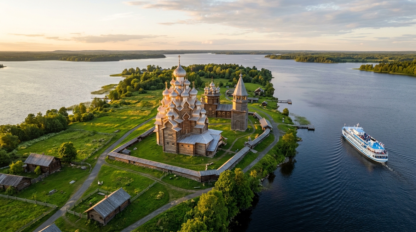 Воздушный вид на Кижский погост с деревянными церквями во время речного круиза