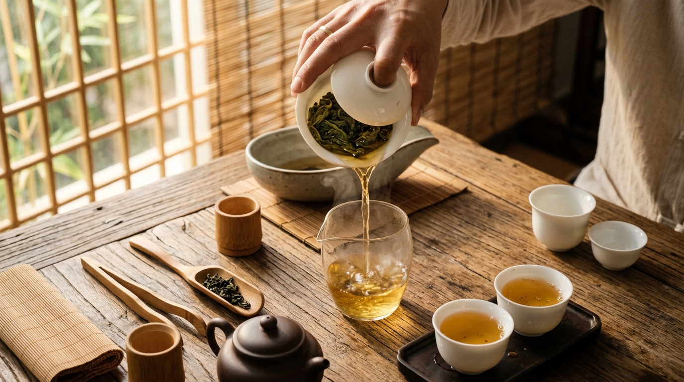 Процесс gongfu cha: гайвань с тигуанинем, пролив чая в чахай и пиалы