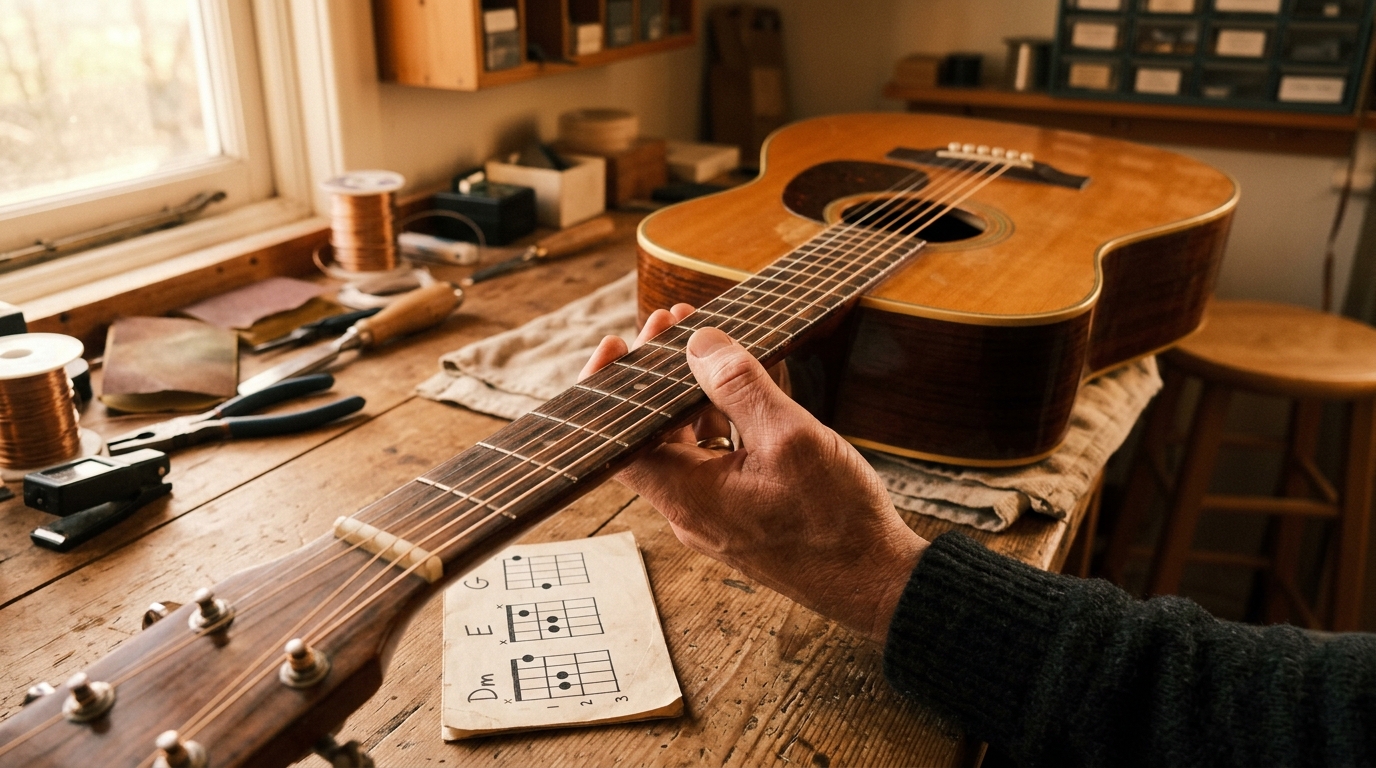 Схема постановки базовых аккордов Am, Dm, E, G на гитаре для новичков