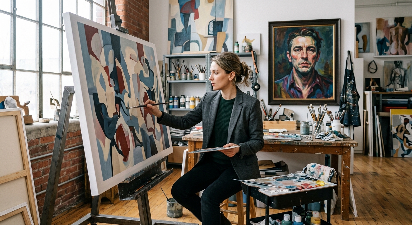 В чем разница? Разбираем, чем печать отличается от живописи, заказывая портрет по фото на холсте, специалист за работой, рабочая обстановка, деловая атмосфера