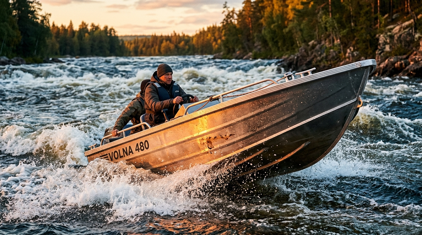 Фальшборт на алюминиевой лодке в действии на реке